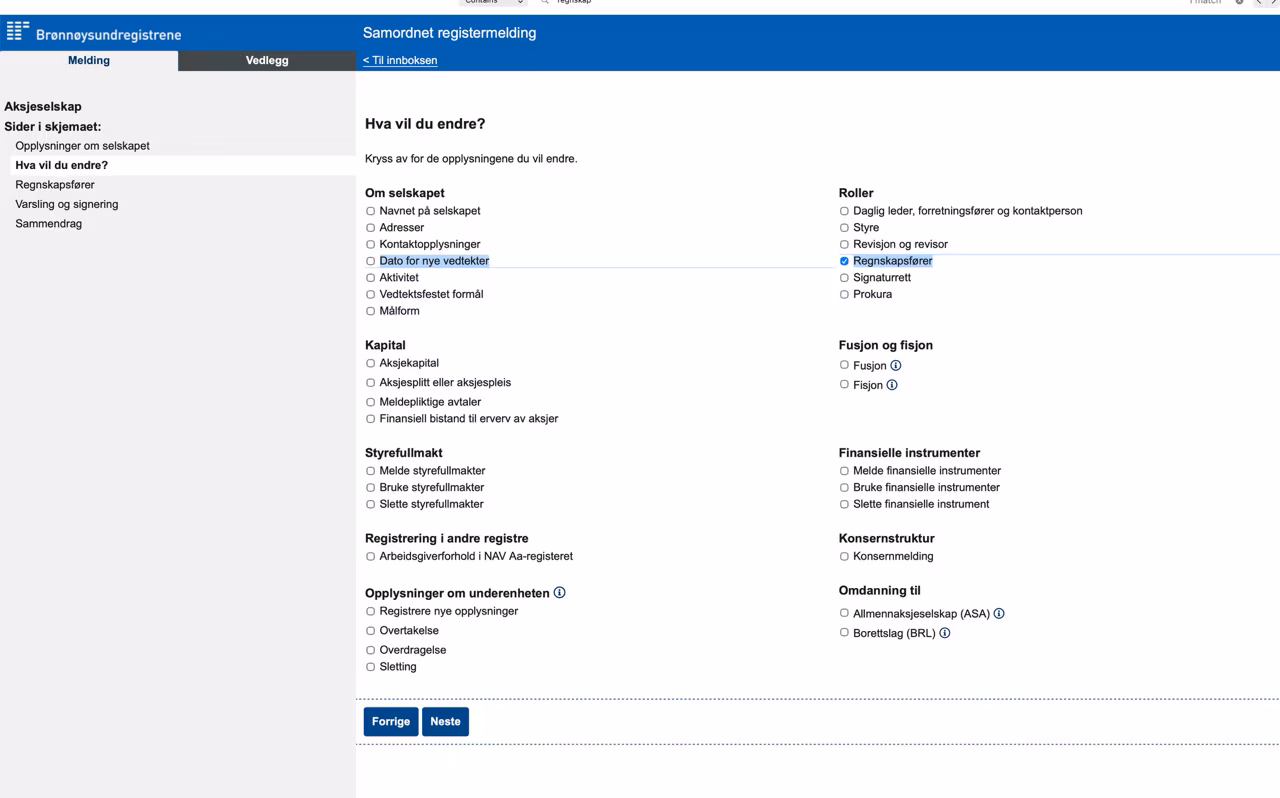 Kryss av for regnskapsfører i skjemaet